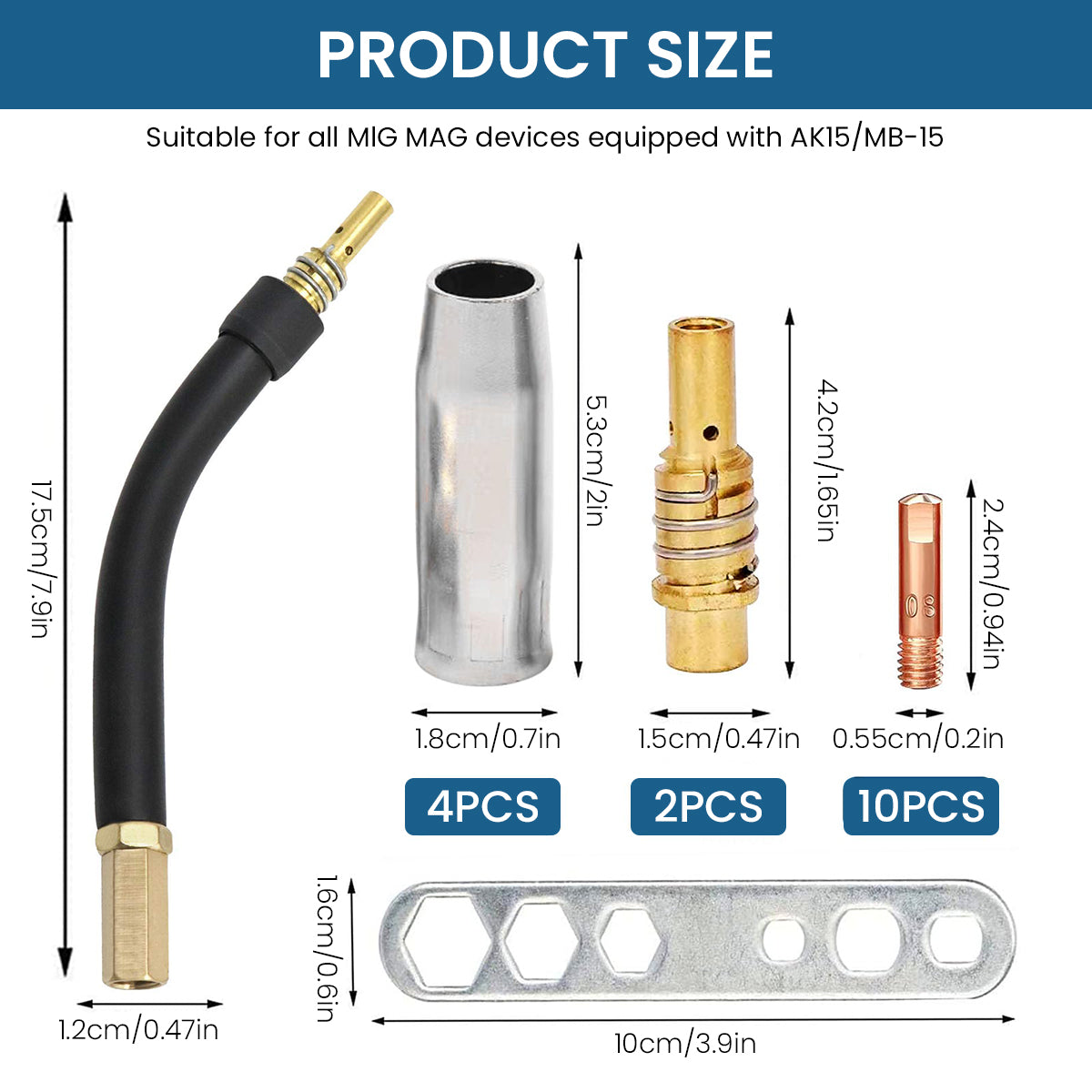 Serplex® 18Pcs Welding Torch Accessories for MB15 15AK MIG/MAG Welding Torch, Replacement Torch Contact Tips and Nozzle M6 & Tips Holder Difuser & Shield Cup & Torch Neck Serplex® 18Pcs Welding Torch Accessories for MB15 15AK MIG/MAG Welding Torch, Replacement Torch Contact Tips and Nozzle M6 & Tips Holder Difuser & Shield Cup & Torch Neck